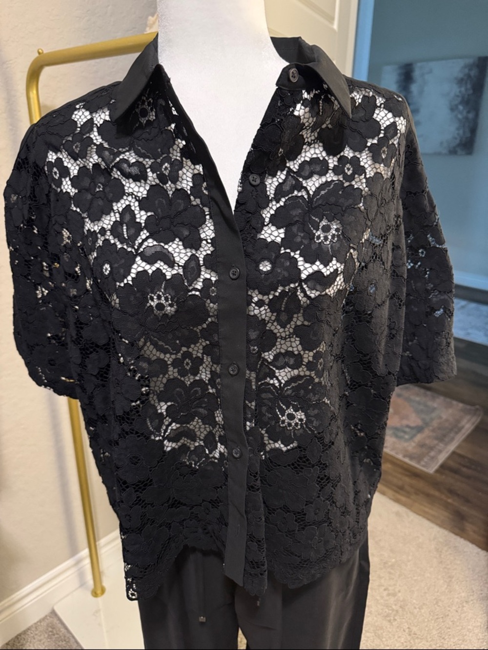 Express Black Floral Lace Button-Down Shirt